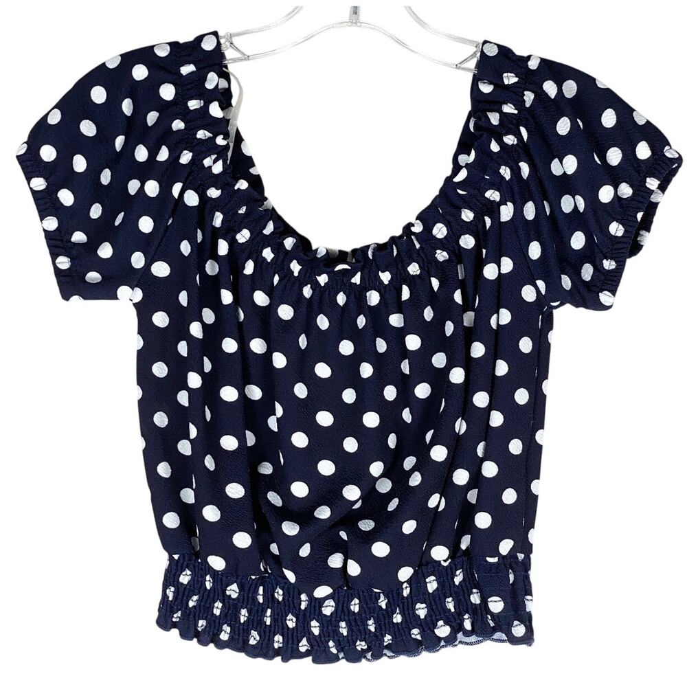 Polka Dot Crop Top M Navy Smocked Hem Retro Coquette Y2K Rockabilly Pinup Twee